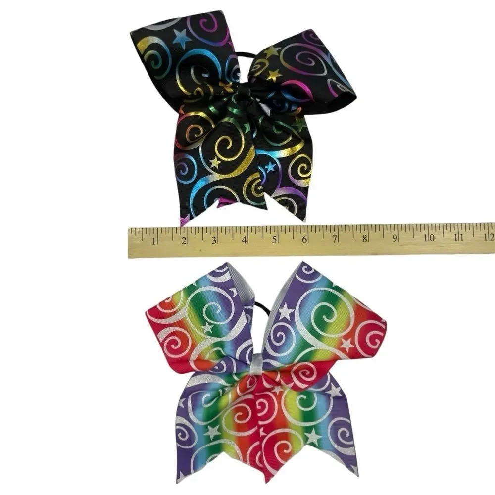 Cheer Hair Bows Set of 2 Elastic Band Rainbow Swirl Metallic Girl's Size Large